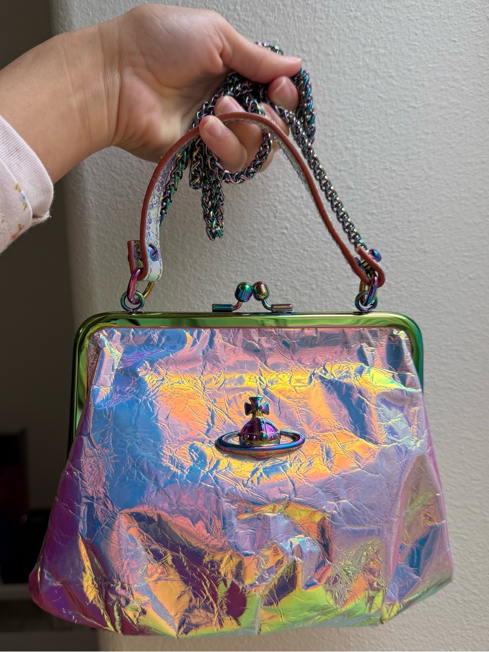 Vivienne Westwood Holographic Iridescent Orb Mini Kiss Lock Chain Bag Y2K